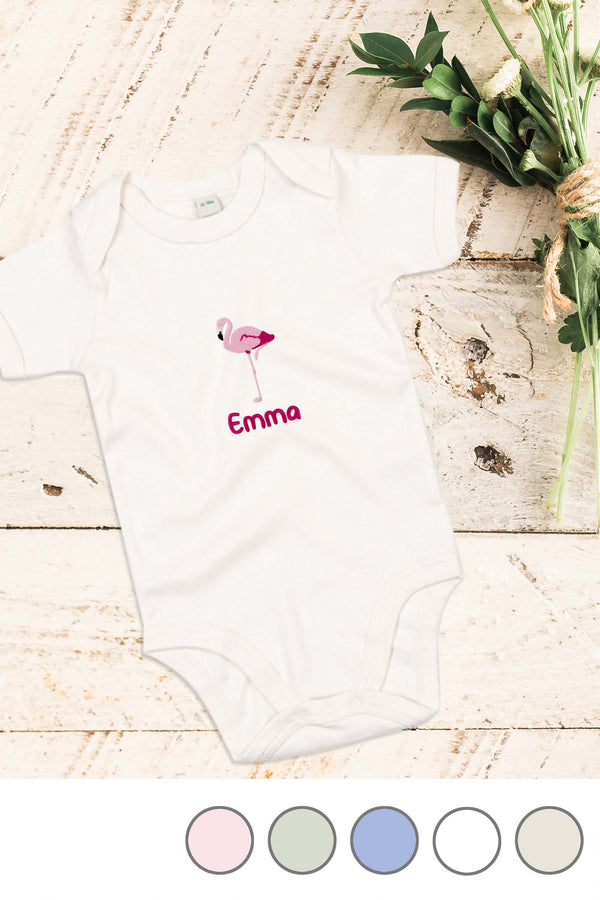 Baby Kurzarmbody bestickt mit Flamingo und Wunschtext