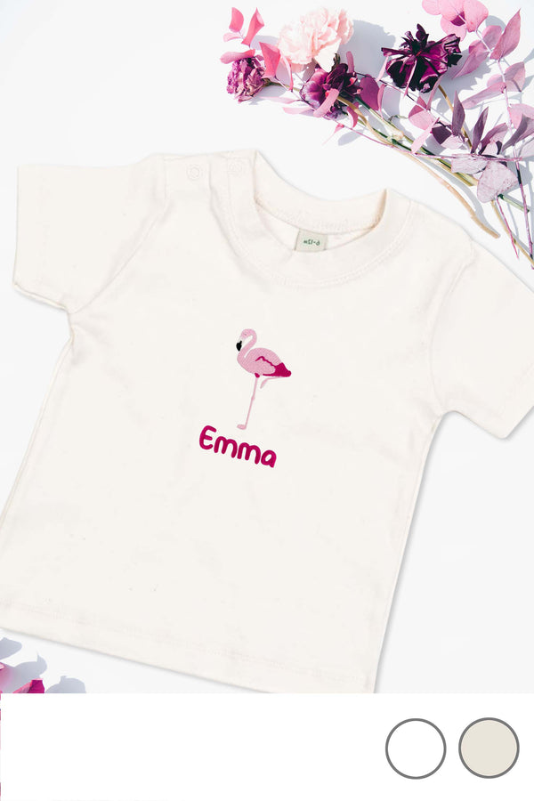 Baby T-Shirt bestickt mit Flamingo und Wunschtext