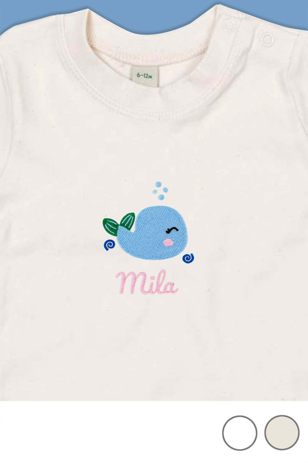 Baby T-Shirt bestickt mit Wal und Wunschtext