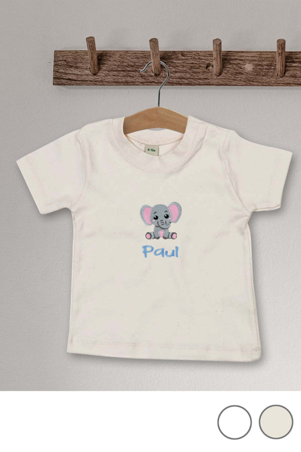 Baby T-Shirt bestickt mit Elefant und Wunschtext