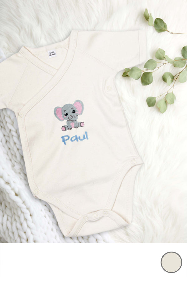 Baby Wickelbody Kimono bestickt mit Elefant und Wunschtext