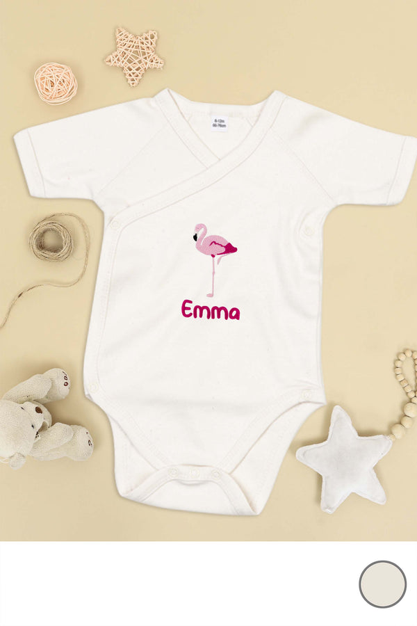 Baby Wickelbody Kimono bestickt mit Flamingo und Wunschtext