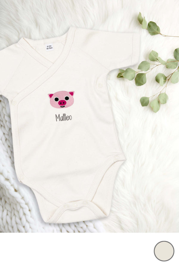 Baby Wickelbody Kimono bestickt mit Schweinchen und Wunschtext