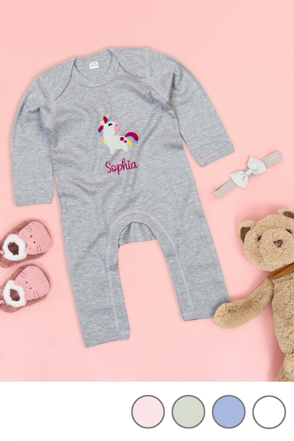 Baby Strampleranzug bestickt mit Einhorn und Wunschtext